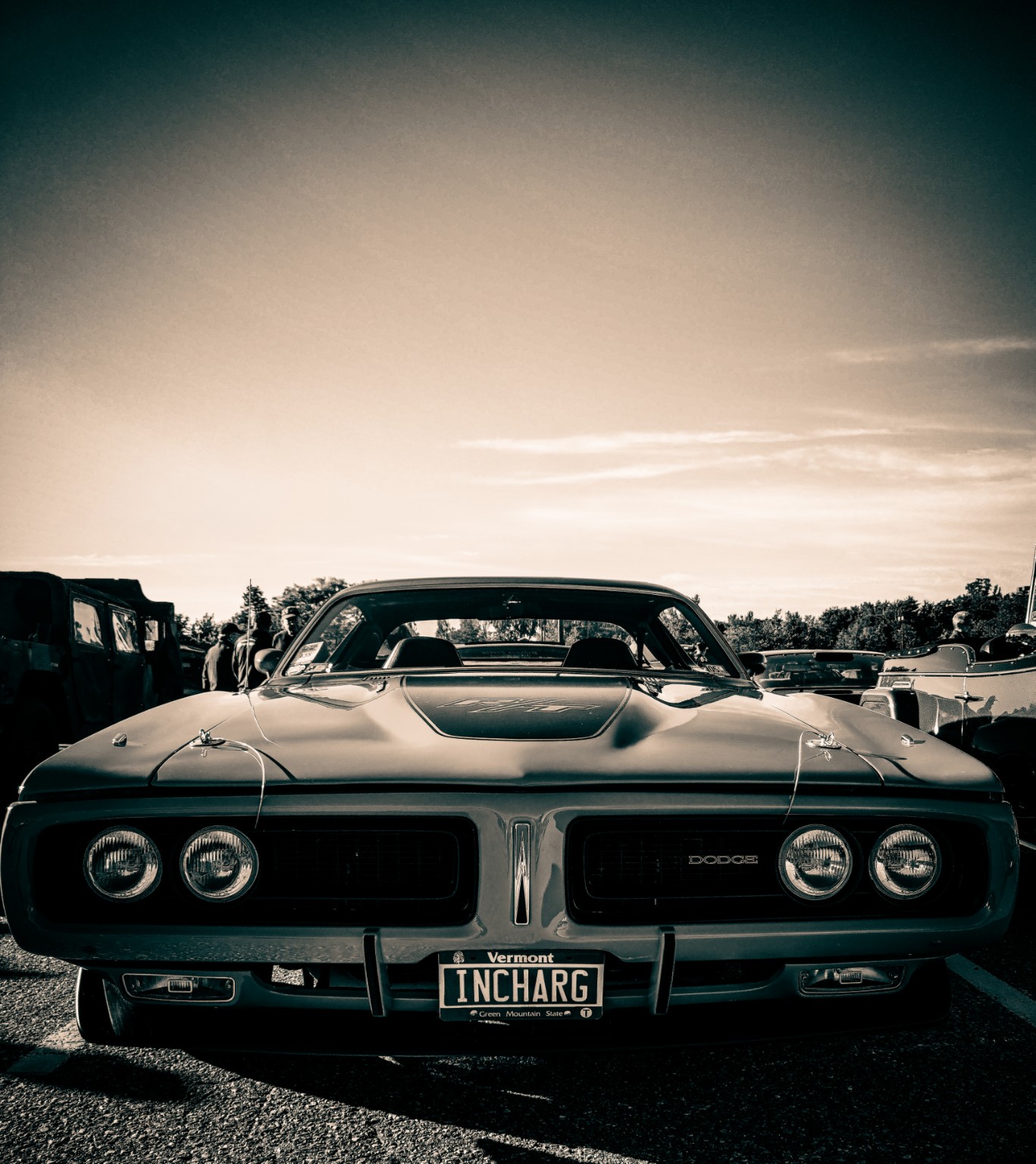 Front view of a vintage Dodge at a car show